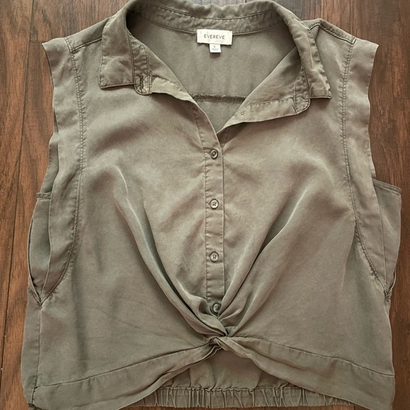 Evereve Olive Green Button-Down Shirt | Twist Tie Front Notched Collar | Size L - Picture 4 of 9